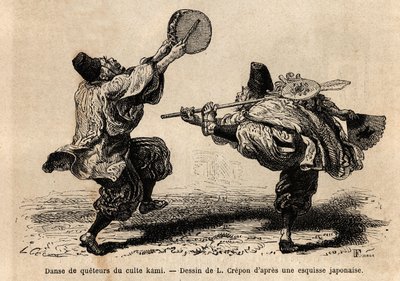 Una danza de la cofradía del culto Kami, con recitación de letanías y figuras coreográficas inesperadas. Grabado para ilustrar el viaje a Japón, por Aime Humbert, ministro de la Confederación Suiza, en 1863-1864, publicado en 