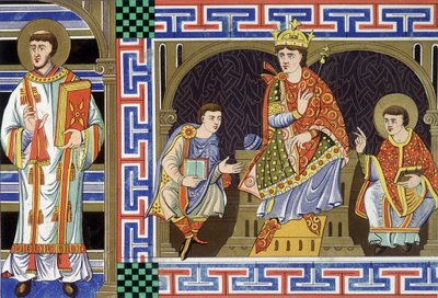 Un diácono, una figura noble, un rey y un obispo ilustrando a la gente del siglo X; Ilustración del siglo XIX extraída de Francia en el siglo X de Unknown artist