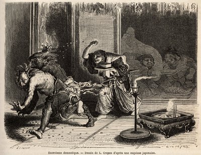 Un exorcismo doméstico, ceremonia del oni arahi, el jefe de la casa vestido con sus mejores ropas, espada en el cinturón, recorre a medianoche las habitaciones de su casa y arroja habas tostadas para ahuyentar a los demonios y atraer al dios de la riqueza  de Unknown artist