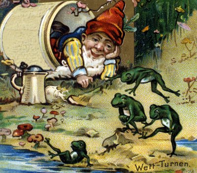 Un enano o farfadet jugando con ranas. Cromolitografía del siglo XIX de Unknown artist