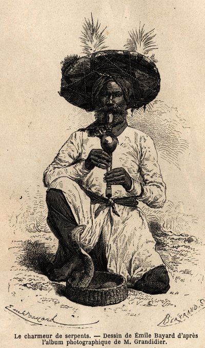 Un faquir, encantador de serpientes. Grabado para ilustrar el viaje en las provincias meridionales de India, por Alfred Grandidier, en 1862-1864, publicado en "le tour du monde", bajo la dirección de Edouard Charton, Hachette, París 1869. Colección Selva de Unknown artist