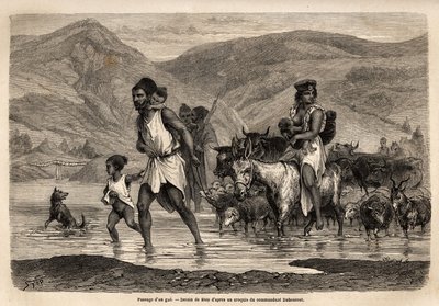 Una familia de pastores kabyle cruza el wadi Djema para ir al mercado de Beni Menguellet, el más importante de la región; el jefe de la familia se aventura primero, seguido por su familia y su rebaño, las ovejas primero y después el grueso del ganado. Grab de Unknown artist