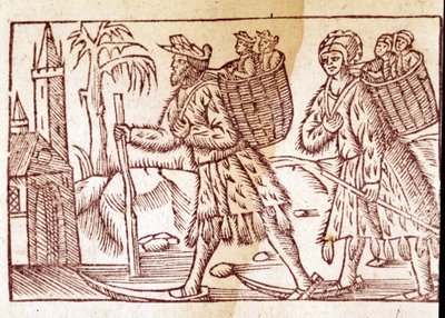 Una familia de noruegos viajando en esquís. Grabado de Olaus Magnus (1490 - 1557), religioso y geógrafo sueco, “Historia de Gentis Septentrionalibus”, Venecia de Unknown artist
