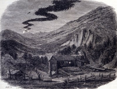 Una caza fantástica (aérea o salvaje) o Menee (la Menee Hellequin) o Mesnie en los Vosgos, una tempestad nocturna que según las leyendas populares se manifiesta después de una maldición o un aquelarre de brujas. Grabado del siglo XIX de Unknown artist
