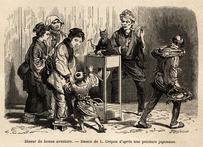 Una adivina en las calles de Edo (ahora Tokio). Grabado para ilustrar el viaje a Japón, por Aimé Humbert, ministro de la Confederación Suiza, en 1863-1864, publicado en Le tour du monde, bajo la dirección de Edouard Charton, Hachette, París de Unknown artist