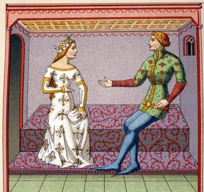 Una escena galante en la Edad Media: un joven corteja a una princesa. Falso colegio después de un manuscrito. Siglo XIX. de Unknown artist