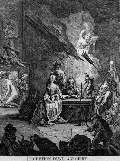 Una niña es recibida por una bruja, rodeada de criaturas monstruosas (¿en una ceremonia de iniciación?). Grabado del siglo XVII de Unknown artist
