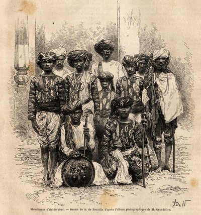 Un grupo de hombres musulmanes en Haiderabad, Pakistán. Grabado para ilustrar el viaje en las provincias meridionales de la India, por Alfred Grandidier, en 1862-1864, publicado en "le tour du monde", bajo la dirección de D