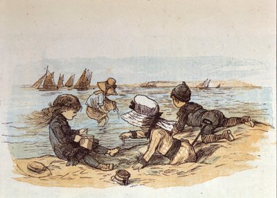 Un grupo de niños jugando junto al agua en la arena. 1881 de Unknown artist
