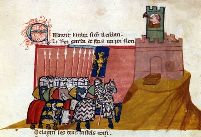 Un grupo de caballeros francos llega a un castillo. Miniatura de “Entrada de España”. Siglo XIV. Venecia, Biblioteca Marciana de Unknown artist