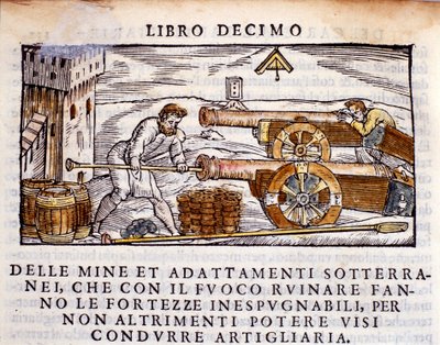 Un artillero cargando un cañón con explosivos. Grabado de la metalurgia 