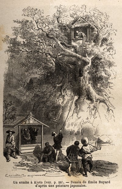 Un ermitaño en Kioto, aislado en una cabaña en las ramas de un árbol, en una pequeña isla, el ermitaño solo puede contar con la generosidad de los habitantes de la región que le proporcionan su comida; frente a su árbol, un pequeño pabellón recibe visitant de Unknown artist