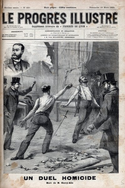 Un duelo homicida - El 1 de marzo de 1895, un duelo con la lanza entre dos miembros del Comité de África Francesa, que anteriormente eran buenos camaradas, Alfred Le Chatelier e Hippolyte Percher, alias Harry Alis de Unknown artist