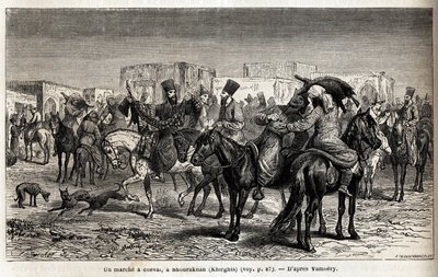 Un paseo a caballo en Shurakhan (Kirguistán). Dibujo de Emile Bayard para ilustrar el viaje a Asia Central en 1863 de Arminius Vambery. Grabado en 