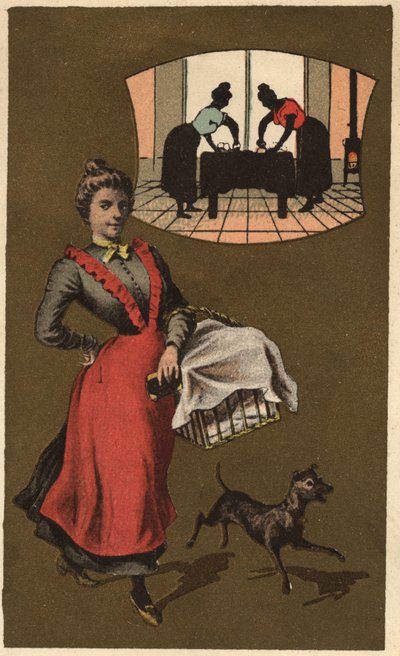 Una máquina de lavandería llevando ropa en una cesta. Cromolitografía anónima, finales del siglo XIX. de Unknown artist
