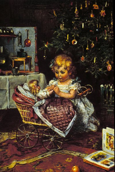 Una niña descubre la muñeca y el cochecito bajo el árbol de Navidad. Siglo XIX de Unknown artist