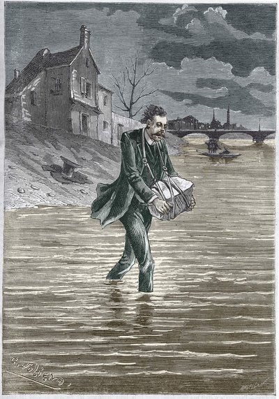 Un hombre que se suicida arrojándose al agua, con una piedra alrededor del cuello, para ahogarse - grabado de Unknown artist