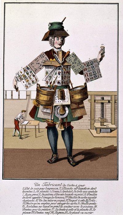 Un fabricante de naipes. Grabado del siglo XVII - XVIII después de “The Playing Cards”. de Unknown artist