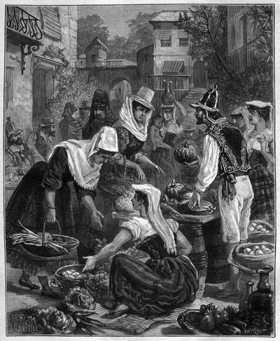 Un día de mercado en Tenerife en las Islas Canarias en el Océano Atlántico - grabado de 1888 de Unknown artist