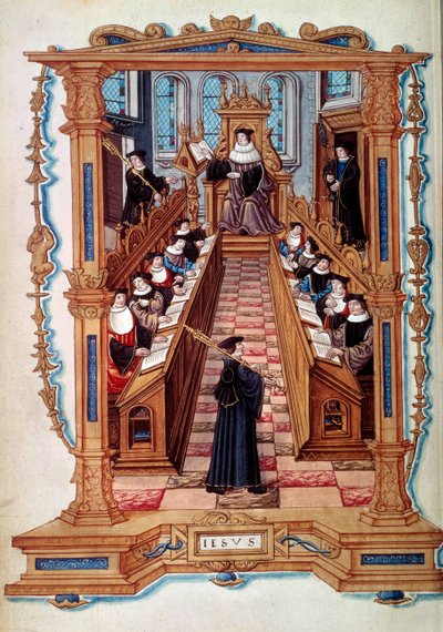 Un maestro en una sala de la Universidad de la Sorbona en París en la Edad Media. De una miniatura. Siglo XVI de Unknown artist