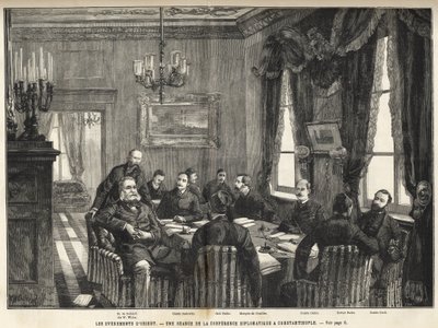 Una reunión de la Conferencia Europea de Constantinopla Guerra Serbia-Búlgara, Turquía - Guerra Serbo-Búlgara - Una reunión de la conferencia diplomática en Constantinopla - 1885 - en el universo ilustre de 1886 (Alexander de Nalidov (Nelidoff) (1835-1910) de Unknown artist