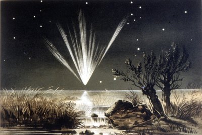 Un meteorito cayendo al mar. Litografía en color de finales del siglo XIX de Unknown artist
