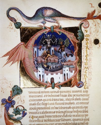 Una letra miniada “A” representando la ciudad del diablo. Manuscrito del siglo XIV “De Civitate Dei” de San Agustín. Biblioteca Comunale di Rimini de Unknown artist