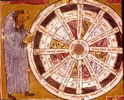 Un monje cerca de la rueda de la vida religiosa. Miniatura de las “Obras” de Hugo de Sancto Victore (Hugo de San Víctor) (ca. 1096-1141) siglo XII Biblioteca Governativa, Cremona de Unknown artist