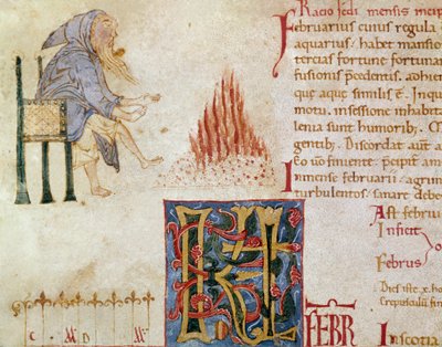 Un monje calentando sus pies frente a un fuego, mes de febrero. (miniatura) de Unknown artist