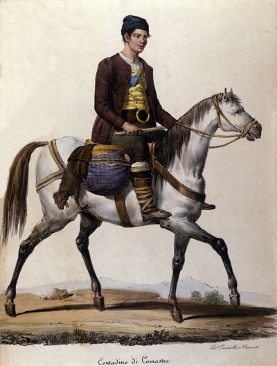 Un campesino a caballo, en las cercanías de Camastra en Sicilia. Grabado del siglo XIX de Unknown artist