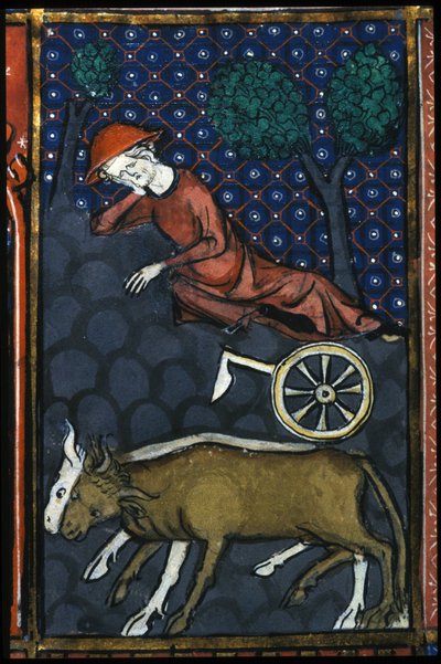Un campesino descansando, junto a él bueyes y un arado en miniatura del siglo XIV de Unknown artist