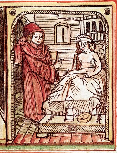 Un médico da a su paciente un tratamiento hecho con plantas medicinales. Grabado de "Tractatus de pestilentia". Siglo XV - Praga, Biblioteca Nacional de Unknown artist