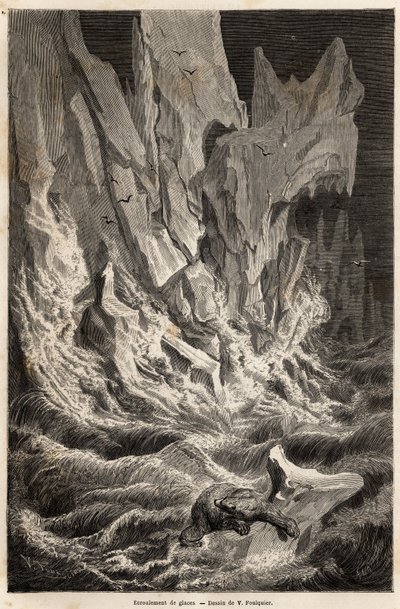 Un oso polar deriva en un iceberg, tras el colapso de un bloque de hielo de Spitzberg, un archipiélago del Océano Ártico, dibujo de V. Foulquier, para ilustrar el Spitzberg en 1838-1839, por Charles Martins. Grabado en 