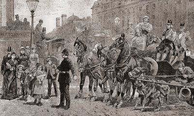 Un policía detiene el tráfico en un cruce muy transitado para permitir que los peatones crucen la carretera, Londres, Inglaterra. de Unknown artist