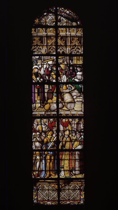 Derecho a pesos y medidas, garantizado por la presencia de un controlador apropiado (arriba). Chilperic recibido por el obispo de Tournai después de la derrota por su hermano Sigeberto (abajo). Vidriera en la Catedral de Tournai: Transepto derecho (3). de Unknown artist