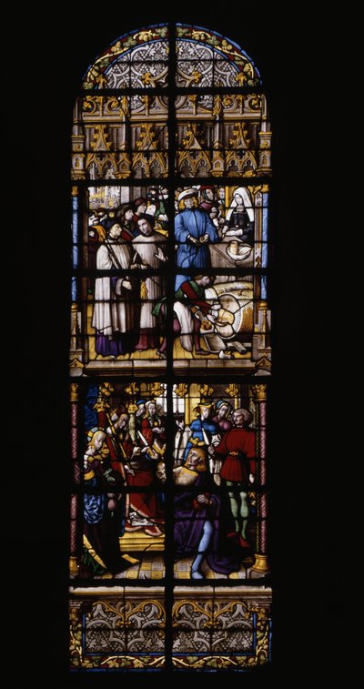 Un impuesto sobre la venta de vino, fue y en el mostrador (arriba). Al precio del oro, Fredegonde armado con un puñal envenenado dos shekars de Therouanne (abajo). Vidriera en la Catedral de Tournai: Transepto derecho (4). de Unknown artist