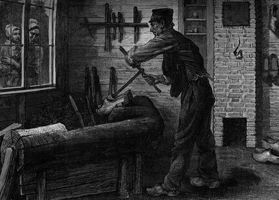 Un zapatero trabajando en su taller en Bélgica. Grabado en el diario "La juventud" de Unknown artist