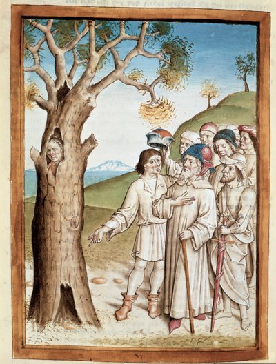Un hombre se esconde en un tronco de árbol en miniatura de una traducción alemana de las fábulas de Bidpai “Kalila y Dimna” de Unknown artist