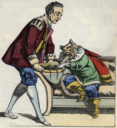 Un sirviente sirve al gato con botas una bandeja de ratones. Ilustración del cuento "El gato con botas" de Charles Perrault de Unknown artist