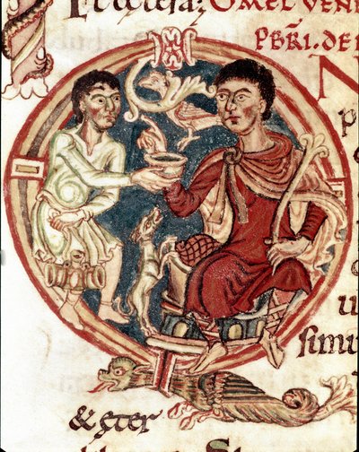 Un sirviente sirviendo de beber al señor. Miniatura del Leccionario de la Catedral de Reims, siglo XI de Unknown artist