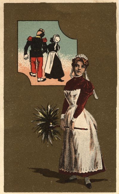 Una sirvienta con una pluma. Ella sueña con el brazo de un apuesto soldado. Cromolitografía anónima, finales del siglo XIX. de Unknown artist