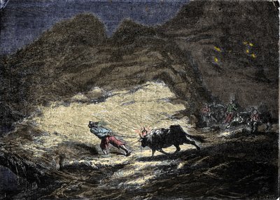 Un naufragio (pirata) usa una luz colgada en la cabeza de un buey para engañar a los barcos que luego se acercan a la costa y se encuentran en la puerta de los saqueadores. Grabado del siglo XIX de Unknown artist