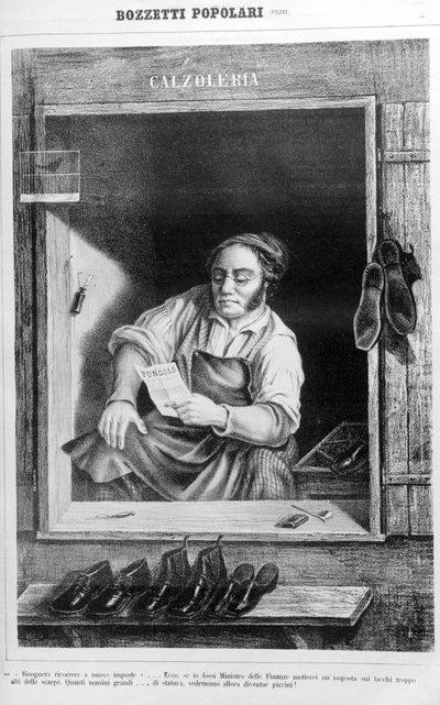 Un zapatero en el siglo XIX: Si ponemos impuestos a los tacones demasiado altos, ¿cuántos hombres altos se volverían pequeños...? de Unknown artist