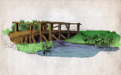 Un pequeño puente de madera sobre un río de Unknown artist