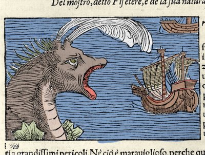 Un cachalote (?) (physeter) ataca un barco. Grabado de Olaus Magnus (1490 - 1557), religioso y geógrafo sueco, “Historia de Gentis Septentrionalibus”, Venecia de Unknown artist