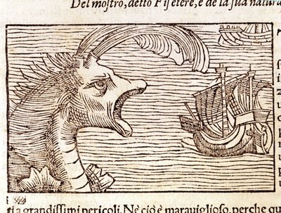 Un cachalote (?) (physeter) ataca un barco. Grabado de Olaus Magnus (1490-1557), religioso y geógrafo sueco, "Historia de Gentis Septentrionalibus", Venecia de Unknown artist