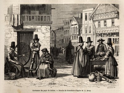Una calle en Gales, con lugareños vestidos con trajes tradicionales y actividades cotidianas: una familia de primera mano y mujeres hilando lana con ruedas. Grabado para ilustrar un viaje en el país de Gales, en 1862, por Alfred Erny, en "Le tour du monde, de Unknown artist