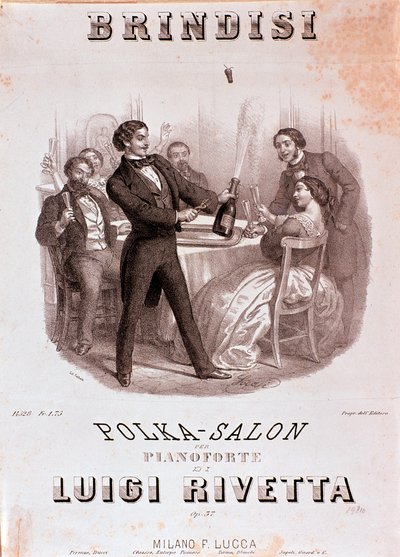 Escena de brindis. Ilustración de la partitura de Brindisi polka de Rivetta de Unknown artist
