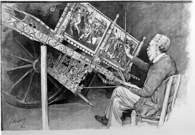 Un pintor de carros tradicionales sicilianos. Grabado del siglo XIX de Unknown artist
