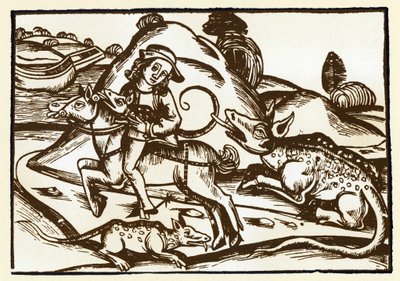 Un viajero se encuentra con dos tigres monstruosos con aspecto de Basílica. Las fábulas de Esopo (grabado, finales del siglo XV) de Unknown artist